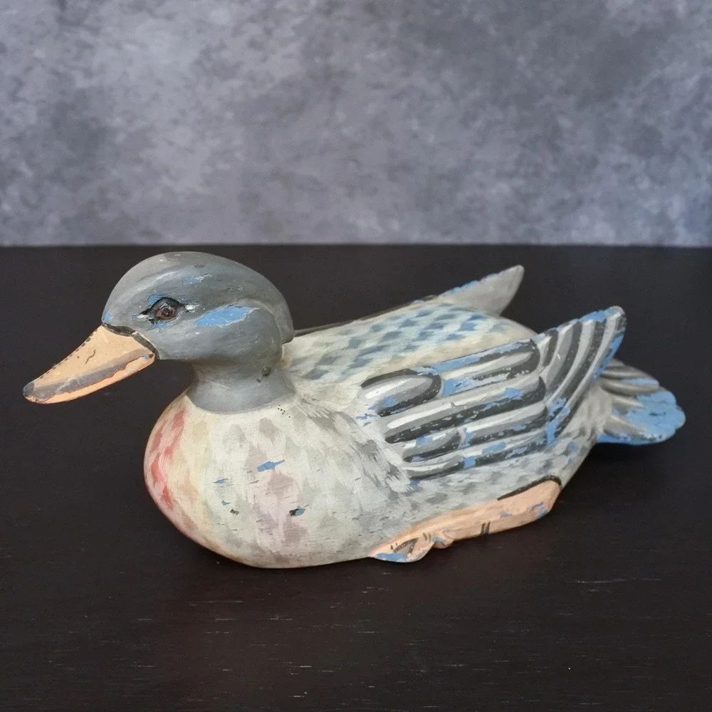 Vintage Hand Painted Wooden Carved Duck Decoy Rustic Farmhouse Style Ornament